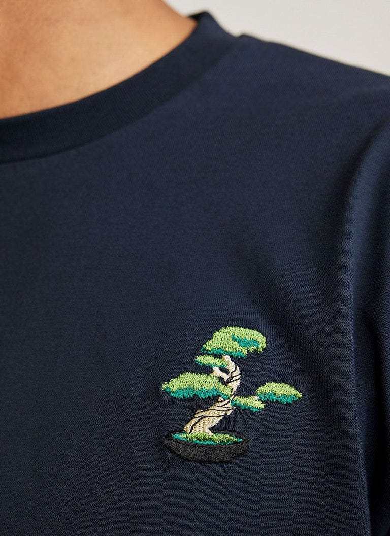 Bonsai Tree Long Sleeve T Shirt | Embroidered Organic Cotton | Navy