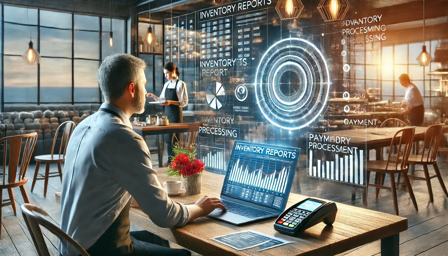 Developer analyzing inventory reports and payment processing in a restaurant management system. 