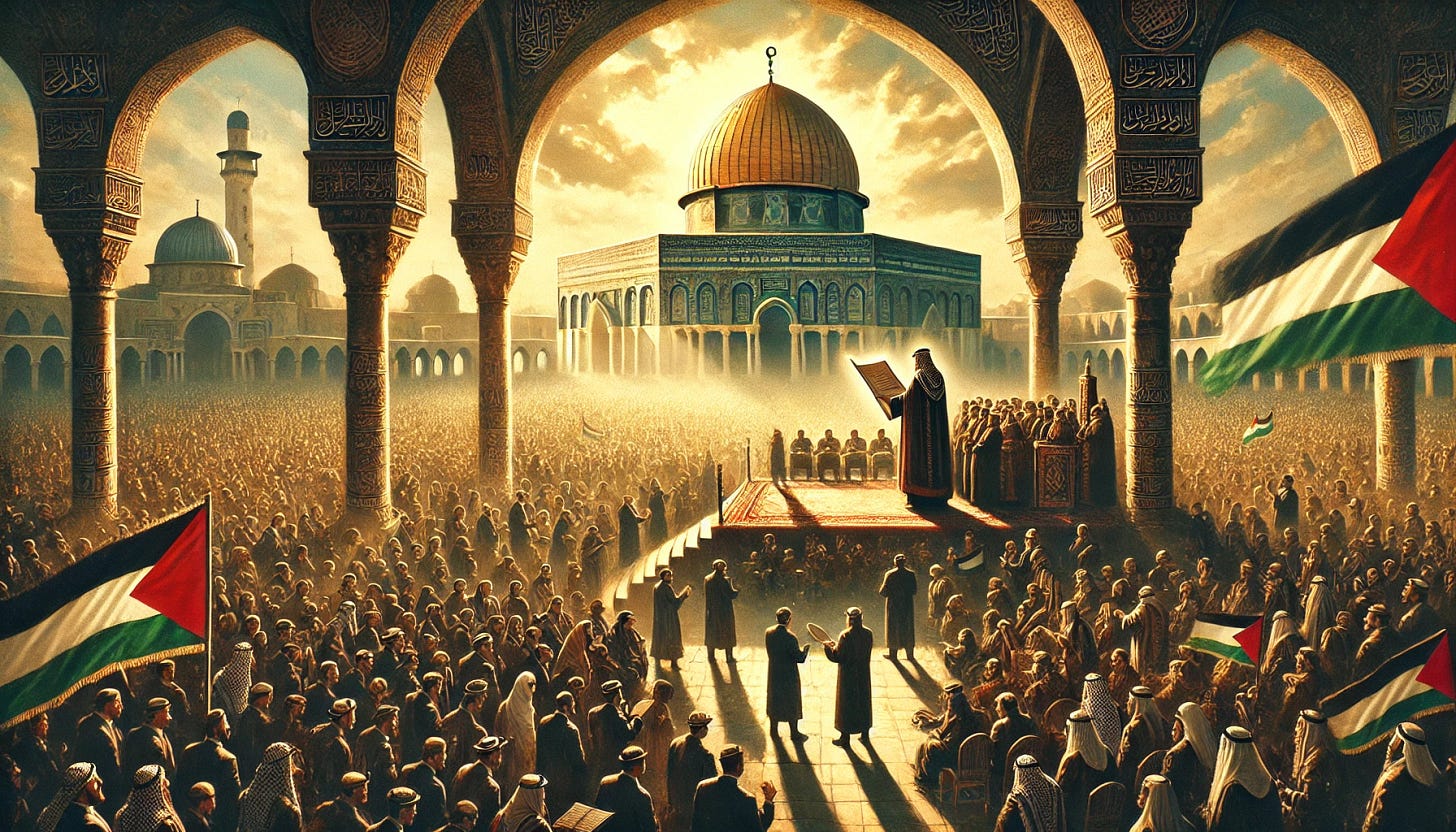 A powerful and evocative illustration capturing the historic moment of the Palestinian Declaration of Independence on November 15, 1988. The setting shows the Holy Al Aqsa Mosque in the background with a large, diverse crowd gathered in its courtyard. A central figure stands elevated, reading from a scroll symbolizing the Declaration of Independence. The atmosphere is solemn yet hopeful, with people holding Palestinian flags and the scene bathed in the golden light of a new dawn, symbolizing hope and resilience. The imagery includes elements of unity, heritage, and faith, such as Temple, Church, and Mosque architecture subtly intertwined in the background, reflecting the shared spiritual significance of the land.