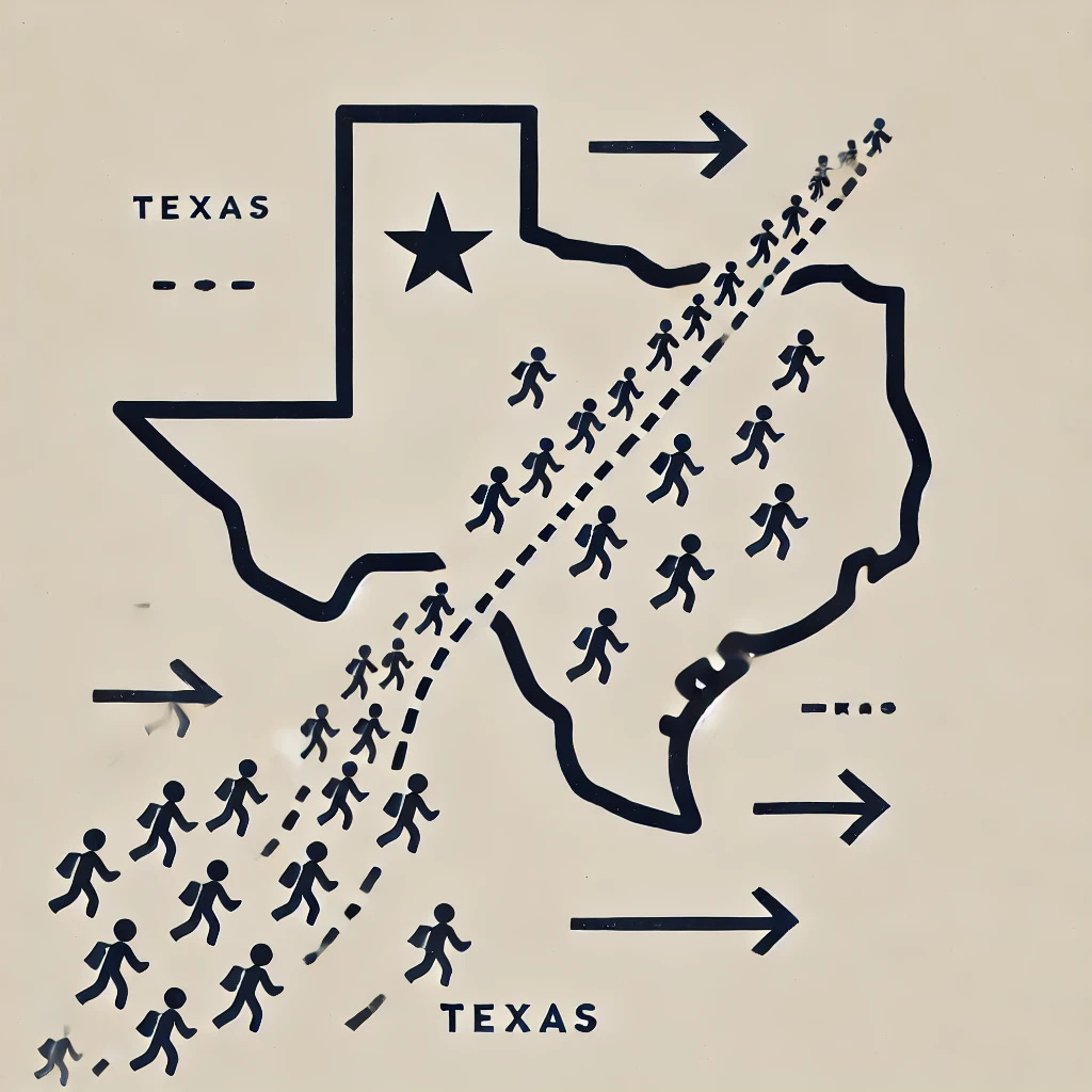 A minimalist graphic representing immigration in Texas. The image features the outline of the state of Texas with a road leading into it, symbolizing the movement of people. Arrows and small figures represent immigration, with no text, focusing on the visual representation of immigration into Texas.