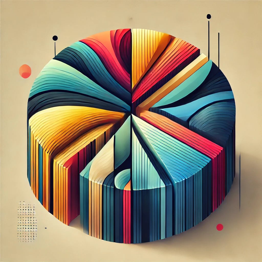 A stylized graphic of a pie chart with artistic elements. The chart should be divided into four sections, each slice rendered in different bold and vibrant colors with unique textures, such as gradients or subtle patterns. The chart should have a slight 3D effect and appear as if it is raised from the background. The background itself should be modern and dynamic, perhaps with geometric shapes or a soft gradient that complements the colors of the pie chart. Ensure no numerical labels are present to maintain an abstract, design-focused look.