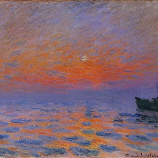 AI generated image of the violet and red skies of morning in an impressionist painterly style