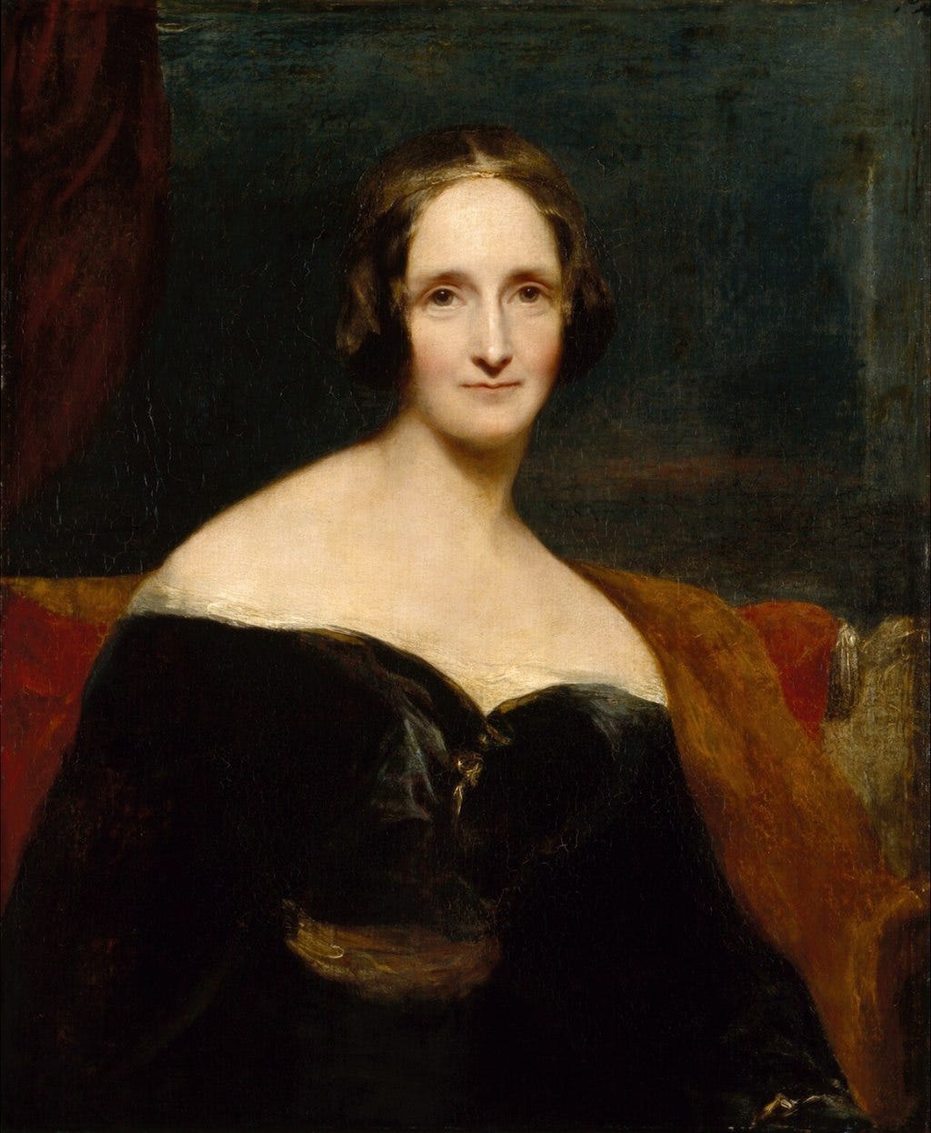 Half-length portrait of a woman wearing a black dress sitting on a red sofa. Her dress is off the shoulder. The brush strokes are broad.