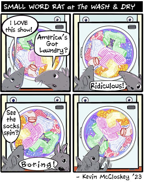 Small word rat and Big Word rat are watching the laundry spin in the window of the washing machine. Small Word Rat says I love this show. Big Word Rat says America's Got Laundry.  Big Word Rat does not look impressed. Small Word Rat asks if Big Word Rat sees the socks spin.