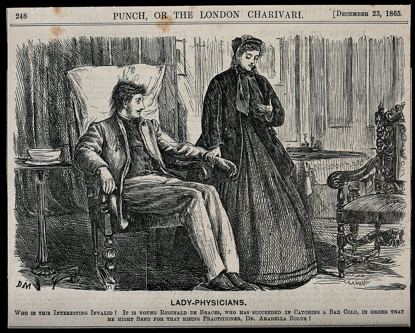 A Victorian illustration showing a female doctor standing and taking the pulse of a seated man. She is focusing on her pocket watch; he is gazing up at her. The caption explains that he has managed to catch a cold as an excuse to consult her.