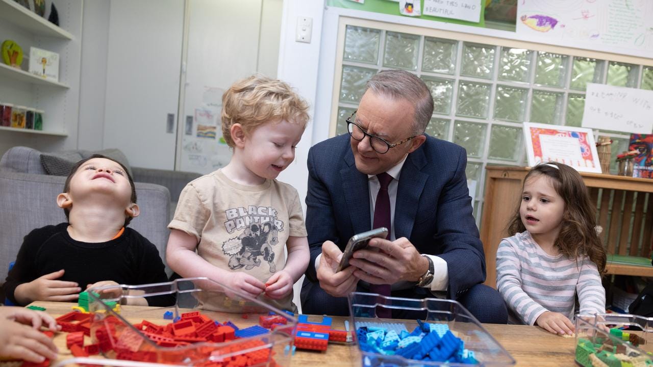 Leonardo Sharma, Bradley Gosper, Prime Minister Anthony Albanese and Olivia Castrisson during a visit to the Manuka Childcare Centre on February 23. Picture: NCA NewsWire / Gary Ramage
