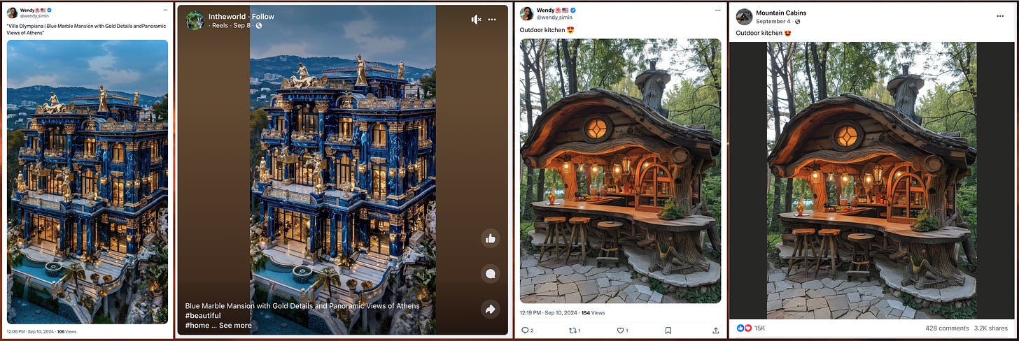 screenshots of various AI-generated images posted by @wendy_simin, and screenshots of the same images on Facebook
