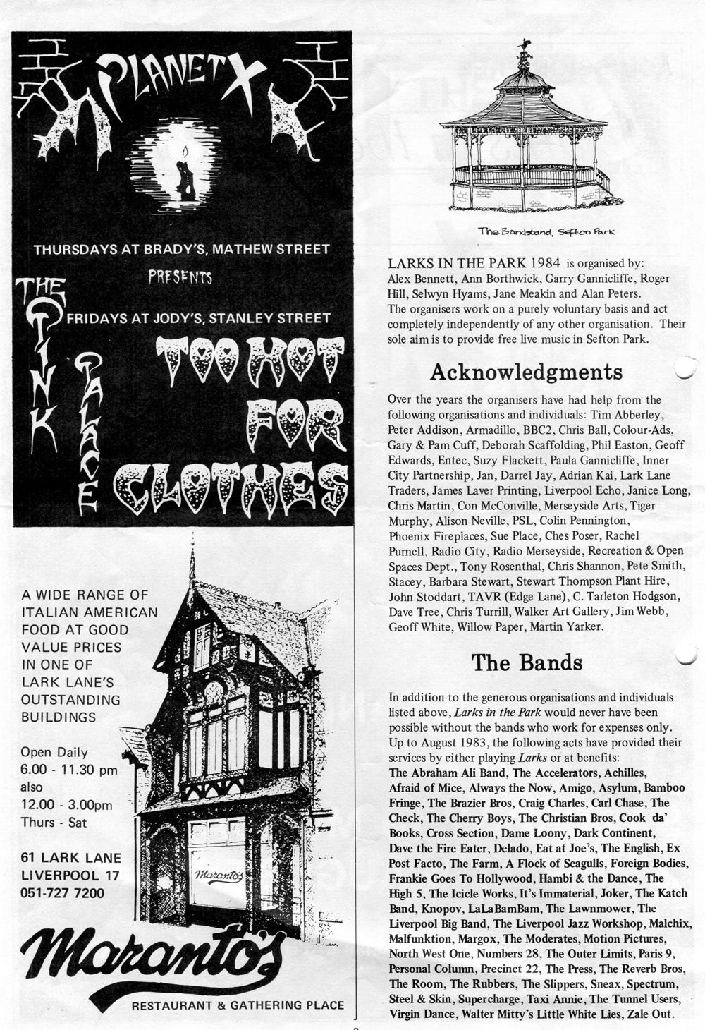 Page 2 of the programme, with acknowledgements and adverts for Planet X and Maranto's.