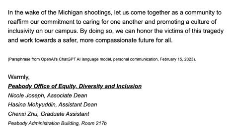 Screenshot of email sent by the Peabody EDI Office on Feb. 15, 2023. (Hustler Staff/Brina Ratangee)