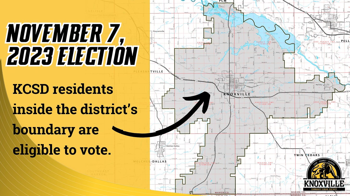 May be an image of map and text that says 'NOVEMBER 7, 2023 ELECTIÓN TVILLE KCSD residents inside the district's boundary are eligible to vote. MELCHER-DALLAS DALLAS NOIANKTIW EDARS KNOXVILLE'