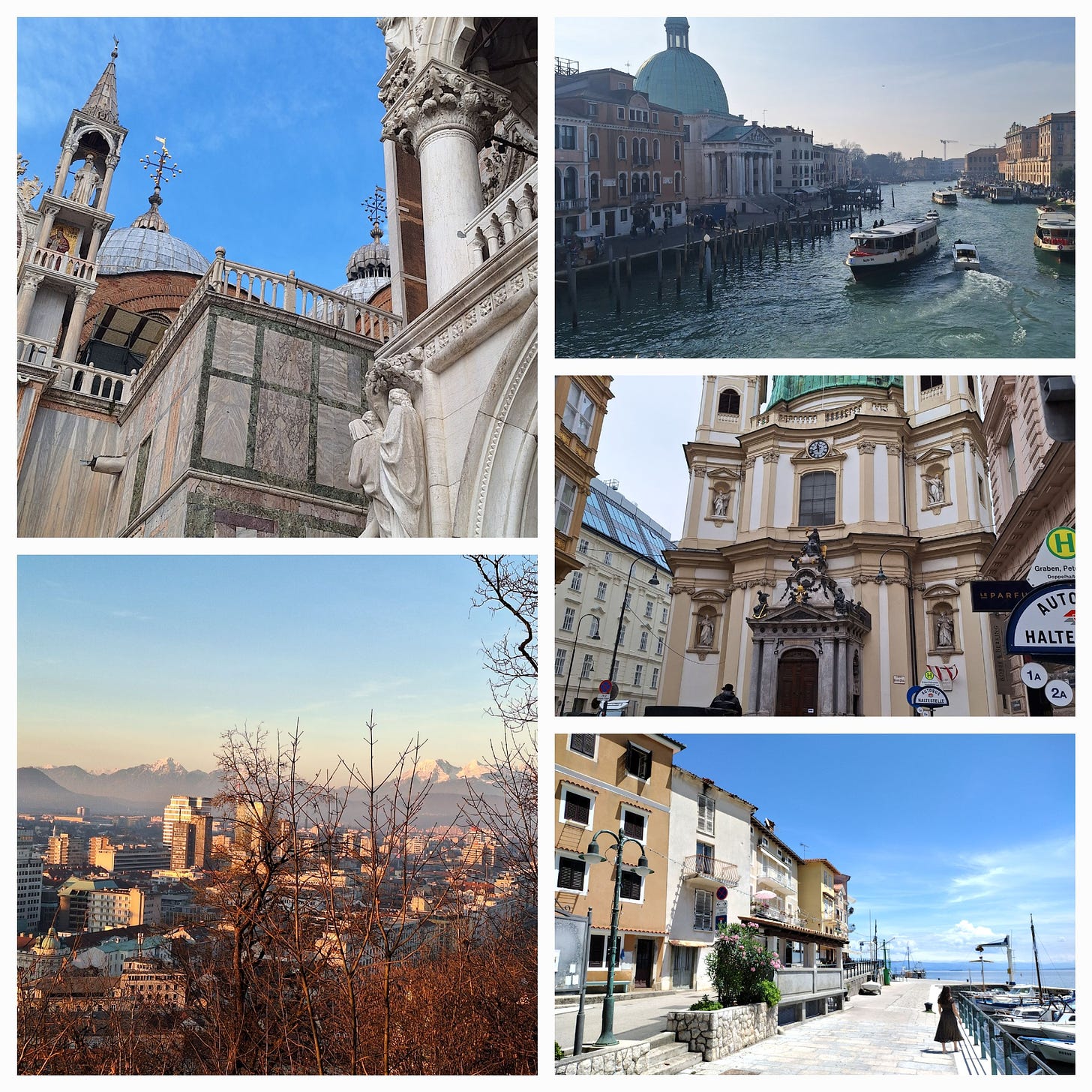 Collage of European cities and towns.  Clockwise from top left: Venice, Italy, Vienna, Austria, Mošćenička Draga, Croatia and Ljubljana, Slovenia.