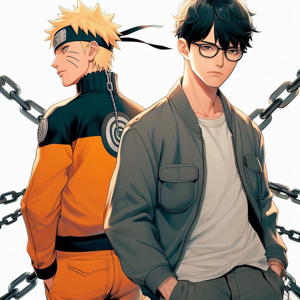 Poster art, title text says "BOND BREAKER" above the art. Two figures are linked together by a chain. Blonde Naruto in his orange outfit has a chain linking him to a second party in the back of the shot. The second figure is a young italian man with dark hair wearing glasses, a t-shirt and a dark grey jacket with pockets. Detailed high quality anime style.