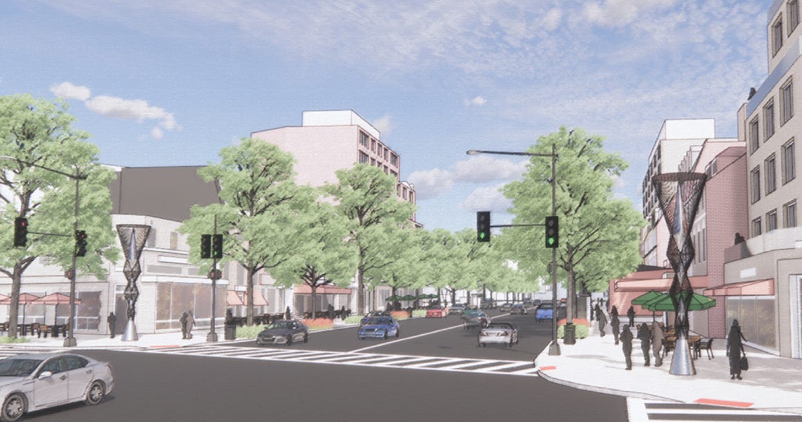 Rendering by DC Office of Planning for a future Woodley Park Looking North from the Connecticut Ave and Calver St Intersection. The center of the photo of Connecticut Avenue without too many cars. There is vertical art on the sidewalk corners, looking like multiple hourglasses stacked on top of each other. The drawing is in color, with trees lining the sidewalk showing a lot of green. There are figures drawn on the sidewalk standing and sitting. The background has some buildings about 7-8 stories tall that don't crowd the street and the sky is blue with some clouds.