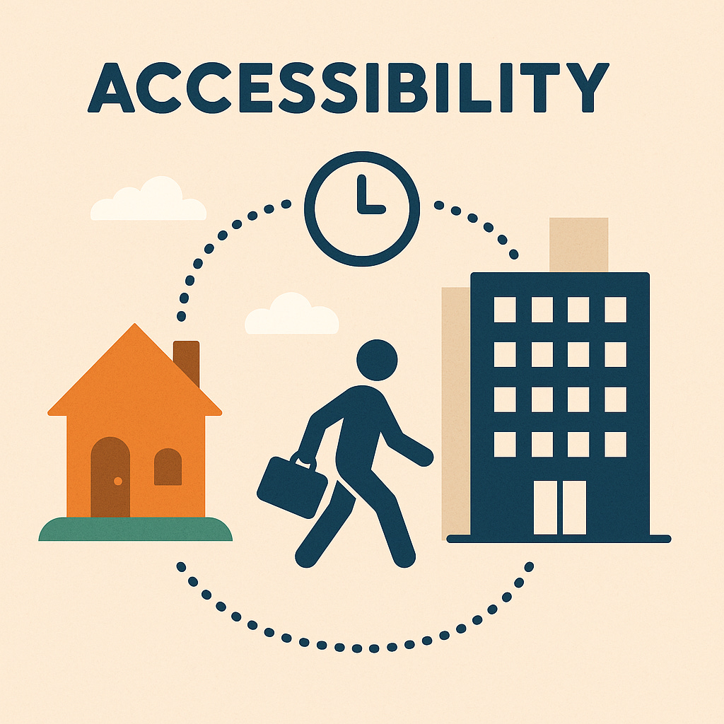 Accessibility visualised by Dall-E. A stick-figure iconic person walking from a house to a building.