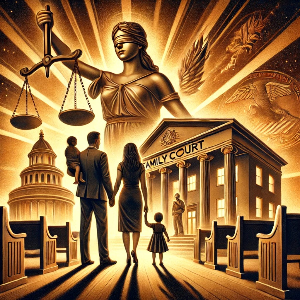 A thought-provoking illustration representing family court reform in America, under a conservative lens. The scene features symbolic elements like a family court building with balanced scales, representing justice. In the foreground, two parents are shown on either side of a young child, symbolizing equal parenting and father's rights. Behind them, a strong figure representing the Department of Justice watches over, with symbols of law and protection subtly incorporated into the background. The atmosphere is hopeful and symbolic, with warm lighting conveying a sense of reform and support for family unity and stability.