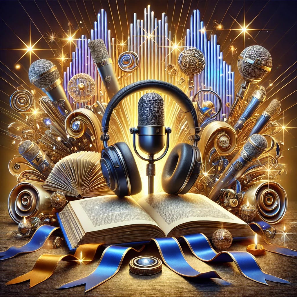 A hyperrealistic and sharply detailed artistic image representing an annual highlights collection with no text elements. The design features a dynamic collage of open books, realistic headphones, professional-grade microphones, and glowing high-definition screens symbolizing podcasts and digital content. The background is luxurious and festive, with highly detailed sparkles, silky ribbons, and rich gradients of gold and blue, evoking a sense of achievement and celebration. The overall aesthetic is professional, vibrant, and immersive, with a focus on fine details and photorealistic textures.