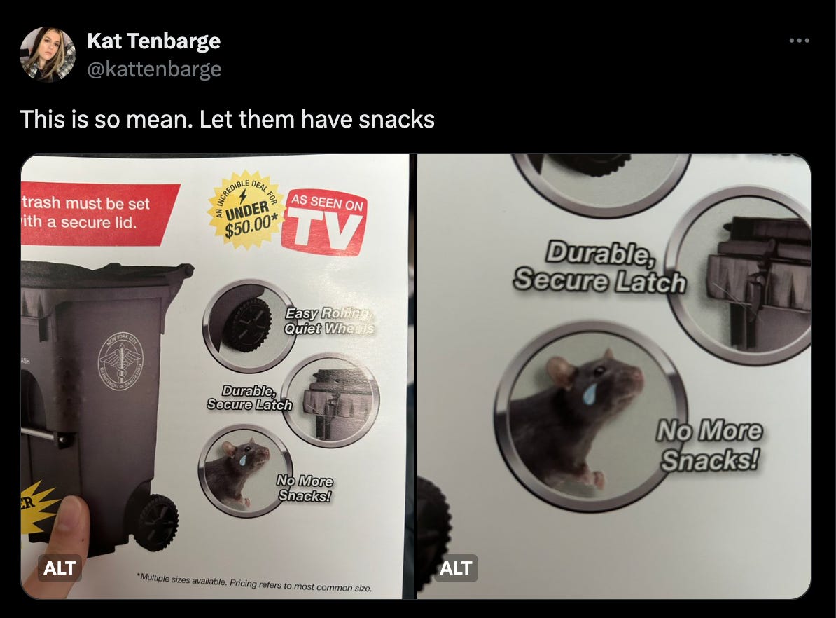 Tweet from @kattenbarge that says "this is so mean. let them have snacks" and features an advertisement for the new NYC trash cans. there is a little rat in one of the pictures that says "no more snacks!" and he has a big photoshopped tear