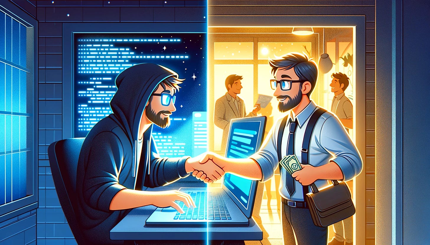 Create a split image representing two versions of an engineer founder. On the left side, it's night, and he's intensely focused, coding on two glowing blue screens in a dimly lit room, showcasing the hard work and dedication of startup life. On the right side, the scene is bright and lively, depicting the engineer shaking hands happily with a client in a well-lit setting, engaging in a conversation, and taking a payment, symbolizing the success and customer interaction aspect of entrepreneurship. The entire image should have a light, cartoony style, making it feel approachable and easy to understand.