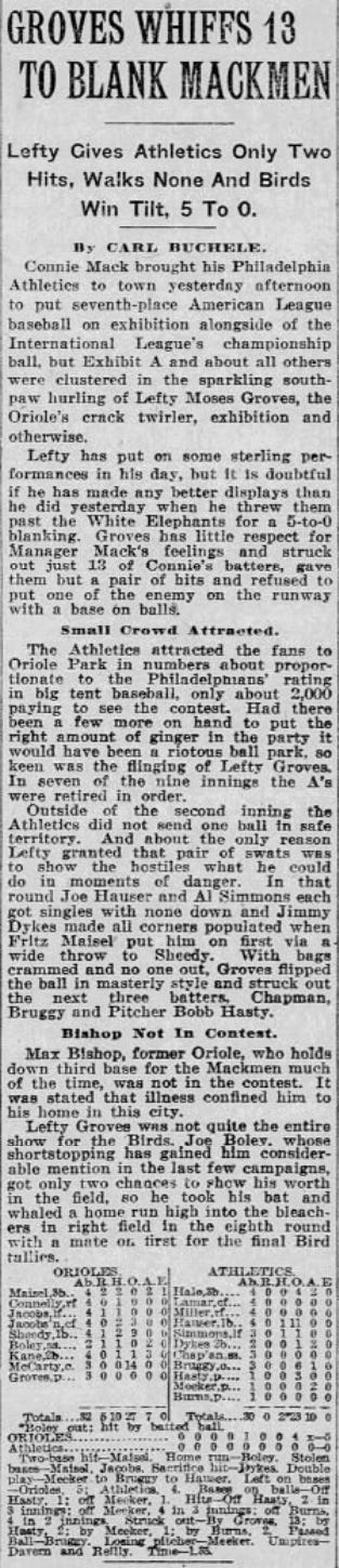1924 Orioles Athletics Exhibition Game Lefty Grove