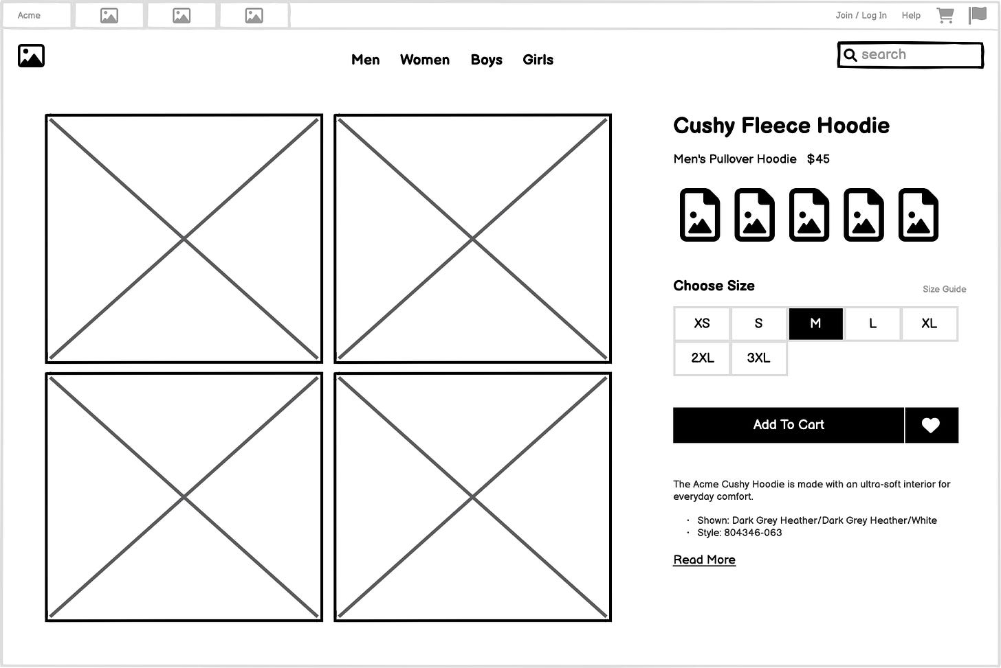 Balsamiq wireframe of a product detail web page.