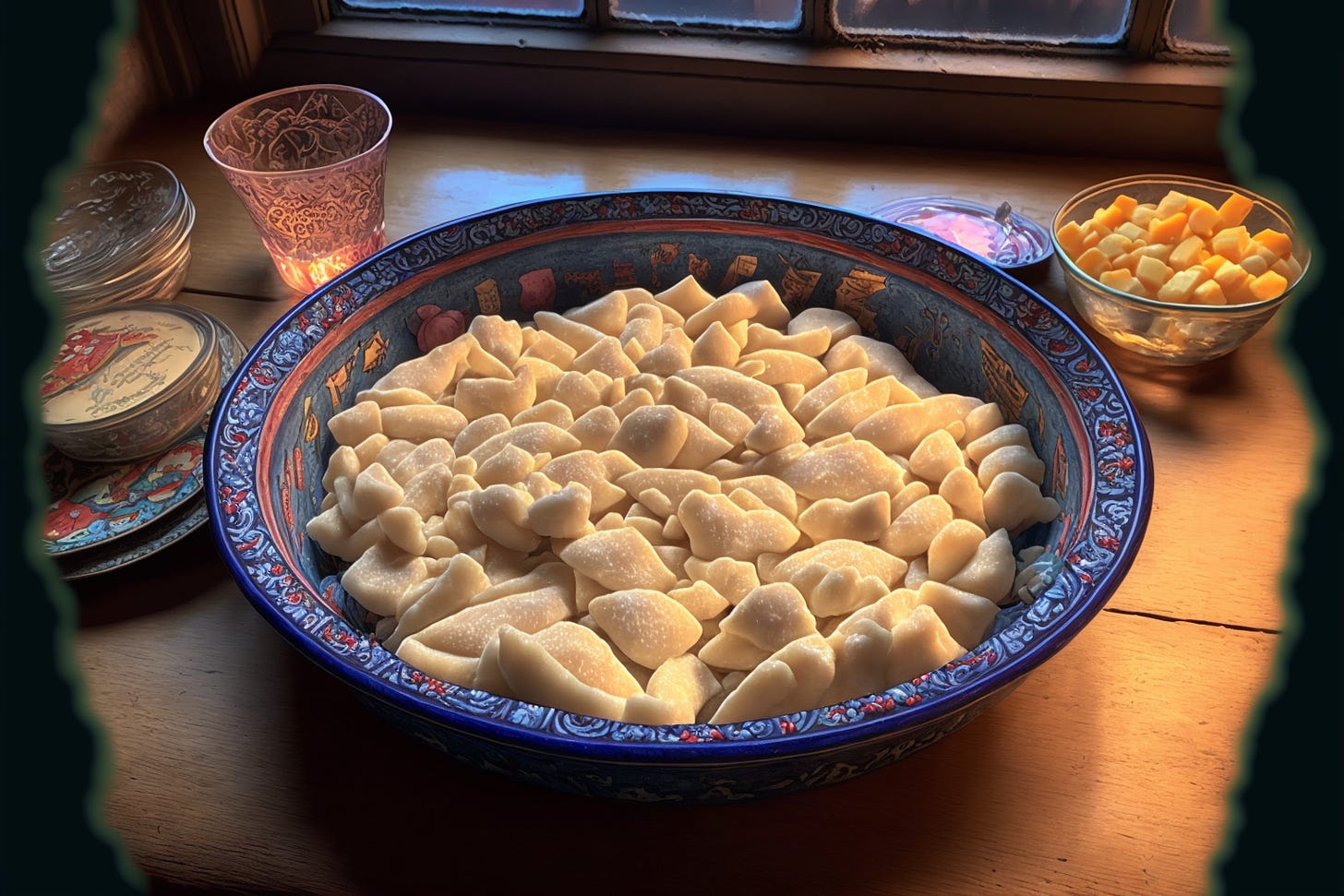 a beautiful bowl of grandma's cheese dumplings