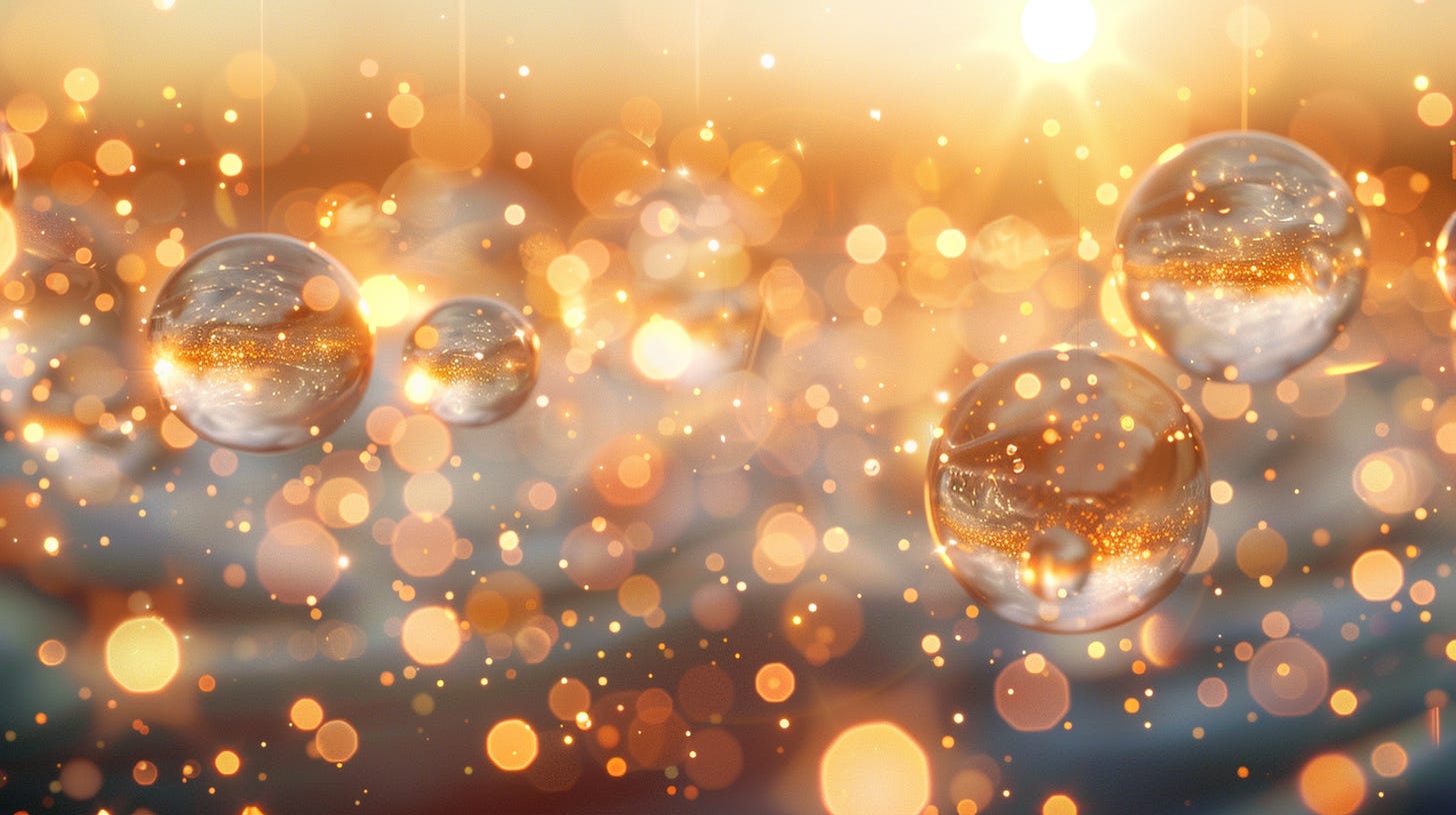Silver bubbles sparkling in golden sunlight