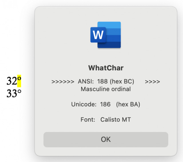 The WhatChar dialogue box displays the character name and related Information.