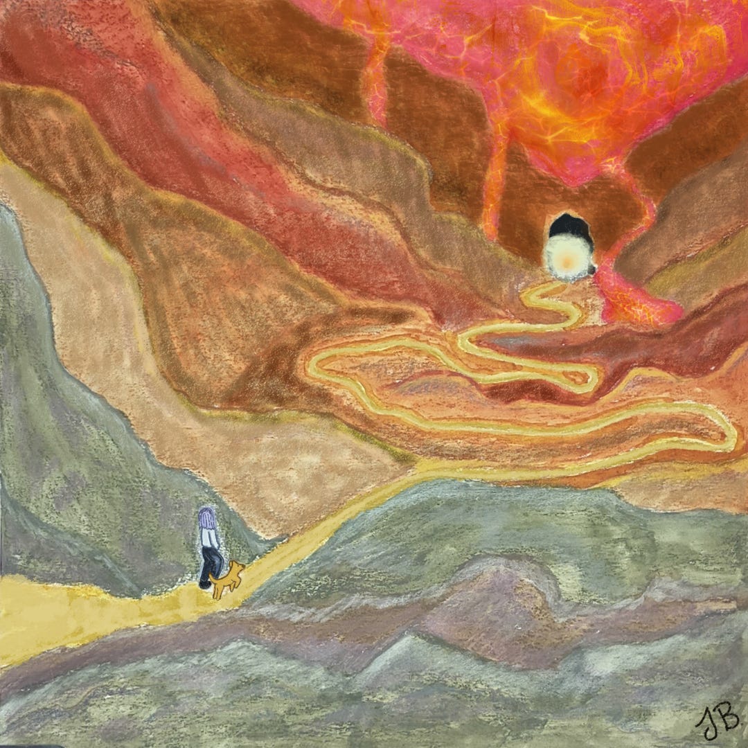 The woman and the dog walk through a valley in the underworld. The mountains on either side go from grey to brown to red and end in a wall of lava. In the rock beneath the lava, a dark doorway holds a bright shining light. A long yellow path carves through the valley for miles.