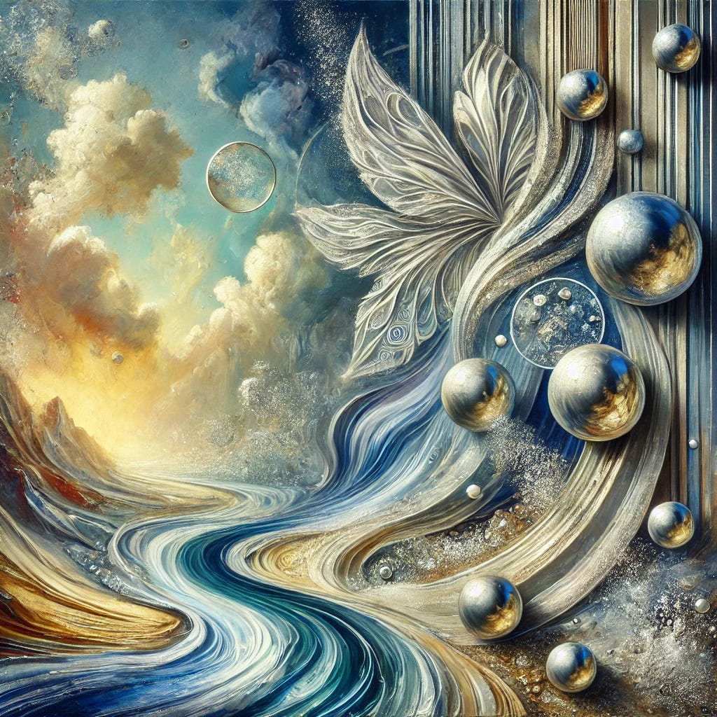 A beautiful oil painting inspired by the concept of aluminum and silicade. The artwork should feature a surreal, abstract blend of metallic textures and natural elements. Include representations of flowing water symbolizing silicade, contrasted with shimmering metallic surfaces that suggest aluminum. The scene should evoke a sense of balance and purification, using a mix of silver, blue, and earthy tones. The painting should convey a sense of harmony between the industrial feel of aluminum and the organic, life-affirming qualities of silicade, without any text or words.