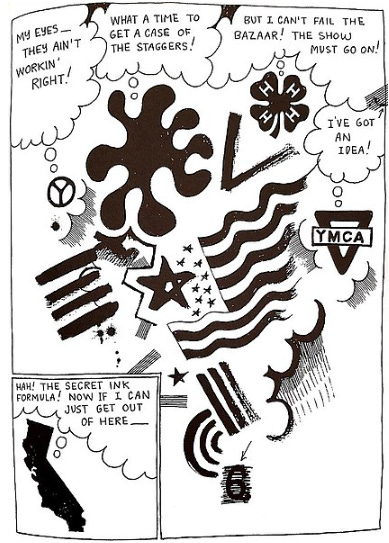 A surreal cartoon showing symbols of Sixties America with thought bubbles containing excited exclamations e.g. "I've got an idea!"