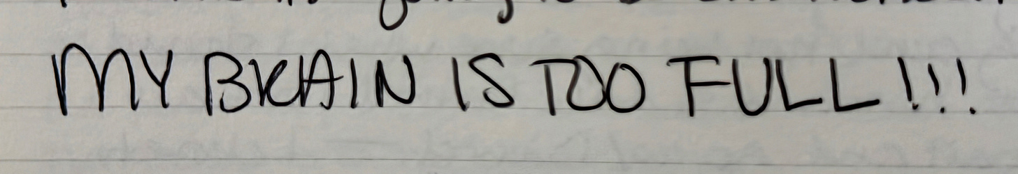A handwritten note that says "MY BRAIN IS TOO FULL!!!"