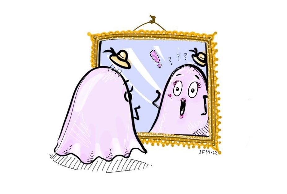 A ghost is startled by her own reflection!