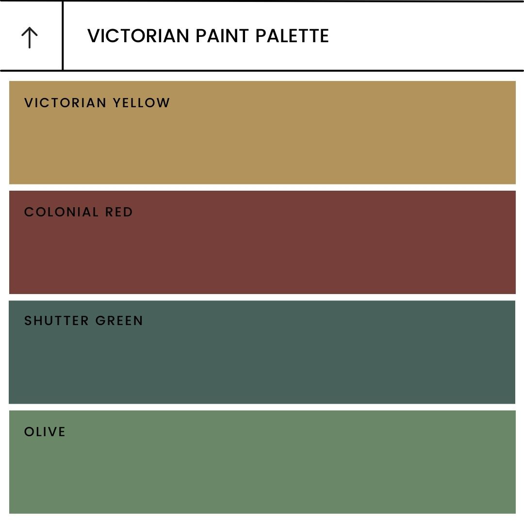 Paint swatches of four colors: Victorian yellow, colonial red, shutter green, and olive.