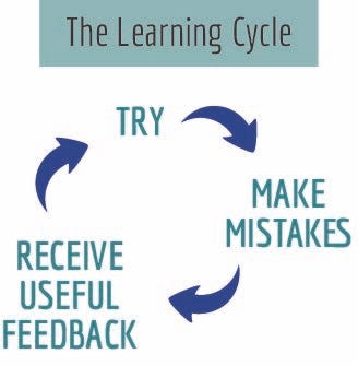 Diagram labeled "The Learning Cycle." The word TRY is connected with an arrow to the words "Make Mistakes" which is connected with an arrow to "Receive Useful Feedback" which loops around with another arrow back to "Try."