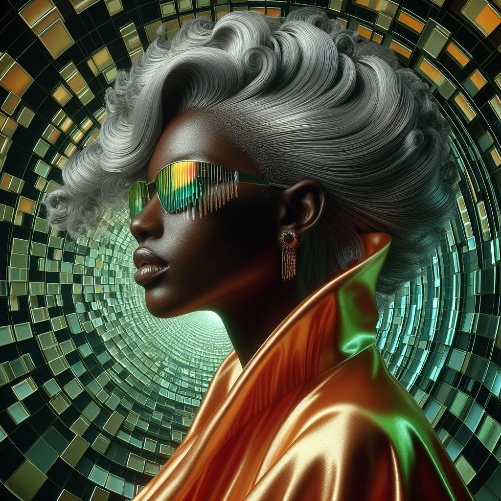 Hyper realistic;Close up black woman silver hair wearing irridescent sunglasses digital code reflected in.light orange silk cape with Woman in foreground with a jacket made of macro image by charles krebs close up of wing scales of the Prola beauty butterfly, Panacea prola. The background is a spiral of squares. They spiral to a point and disappear in the center of the screen. a dark green background with see through squares with thin neon green and yellow light as trim.