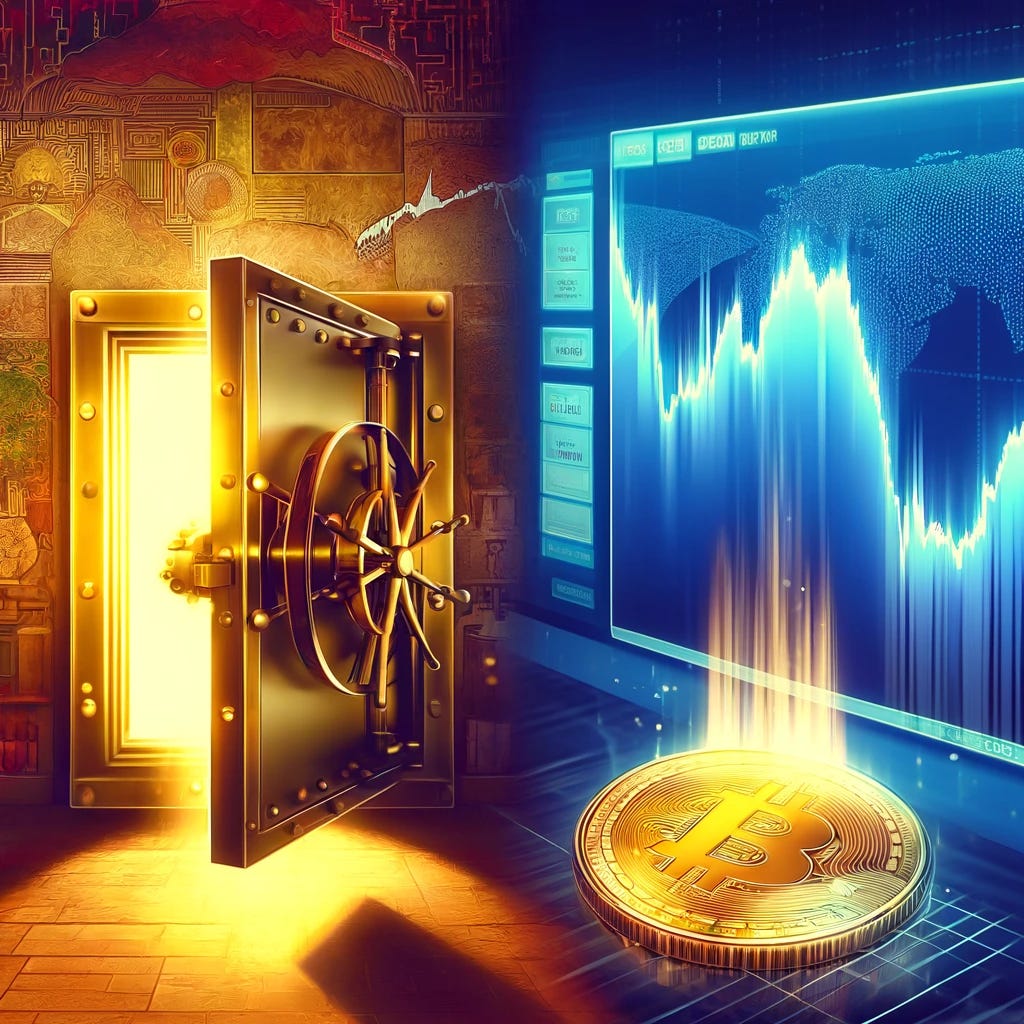 A vivid illustration showing a contrast between traditional and digital assets during a crisis. On the left, a serene golden vault door slightly ajar, glowing from within, symbolizes traditional safe-haven assets like gold. On the right, a digital screen displaying a graph with a sharp downward trend represents Bitcoin. The background features a faint, abstract map of the Middle East, hinting at geopolitical conflict. The scene captures the essence of stability versus volatility in assets during global unrest.