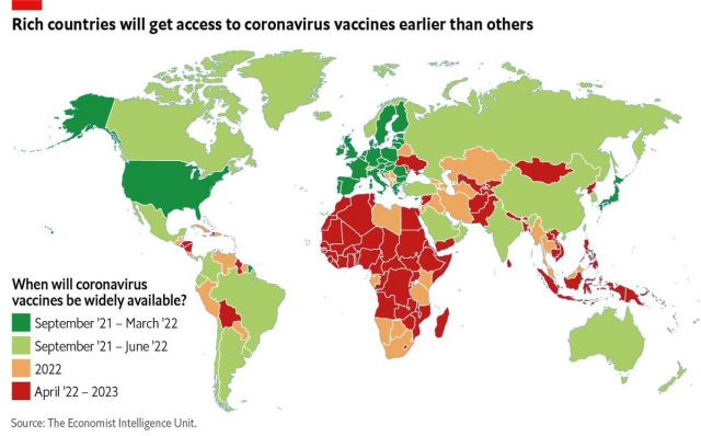 A map showing that African countries likely won't receive the covid vaccine until mid 2022 or later
