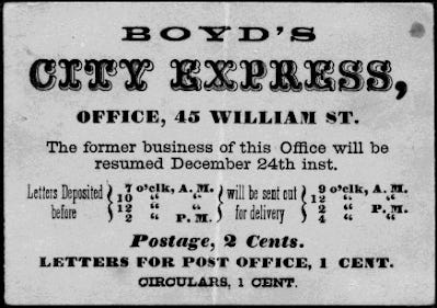 1860 business card from John Bowman's Primer on Boyd's City Express