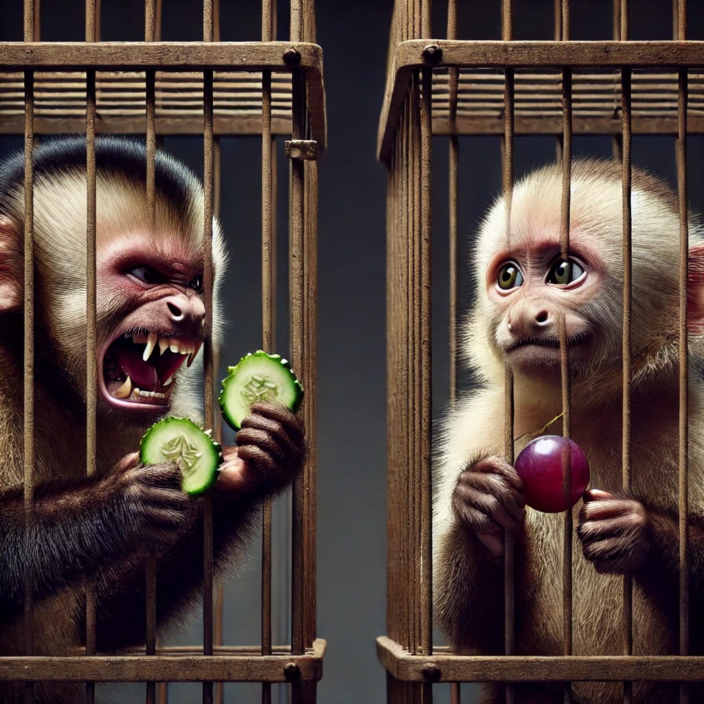 Two adjacent cages, each containing a capuchin monkey. The monkey on the left looks visibly furious, with an expressive face, flinging a piece of cucumber away in frustration. The monkey on the right appears calm and delighted, contentedly munching on a grape. The scene is detailed with realistic fur textures, crisp lighting, and a slight scientific-documentary style, capturing the emotional contrast between the two monkeys.