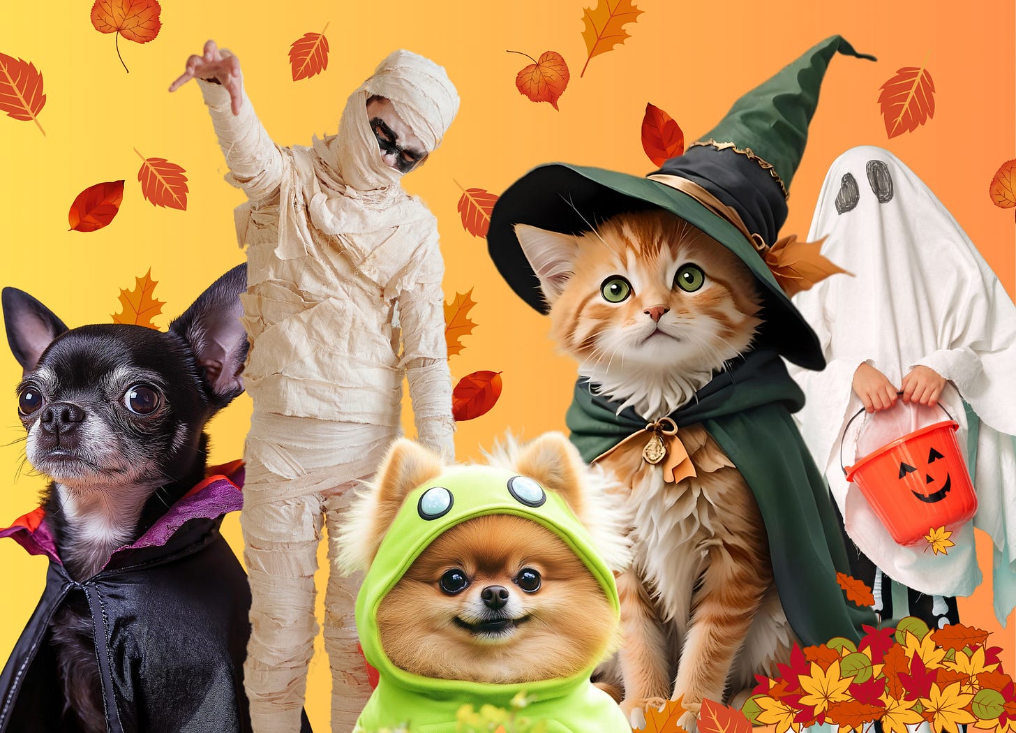 A collection of AI generated images of an orange tabby kitten in a witch costume and a rust-colored Pomeranian dog in green frog costume with photos of a black chihuahua in Dracula costume, a kid in a ghost costume, and kid in zombie costume all on a background of yellow and orange.