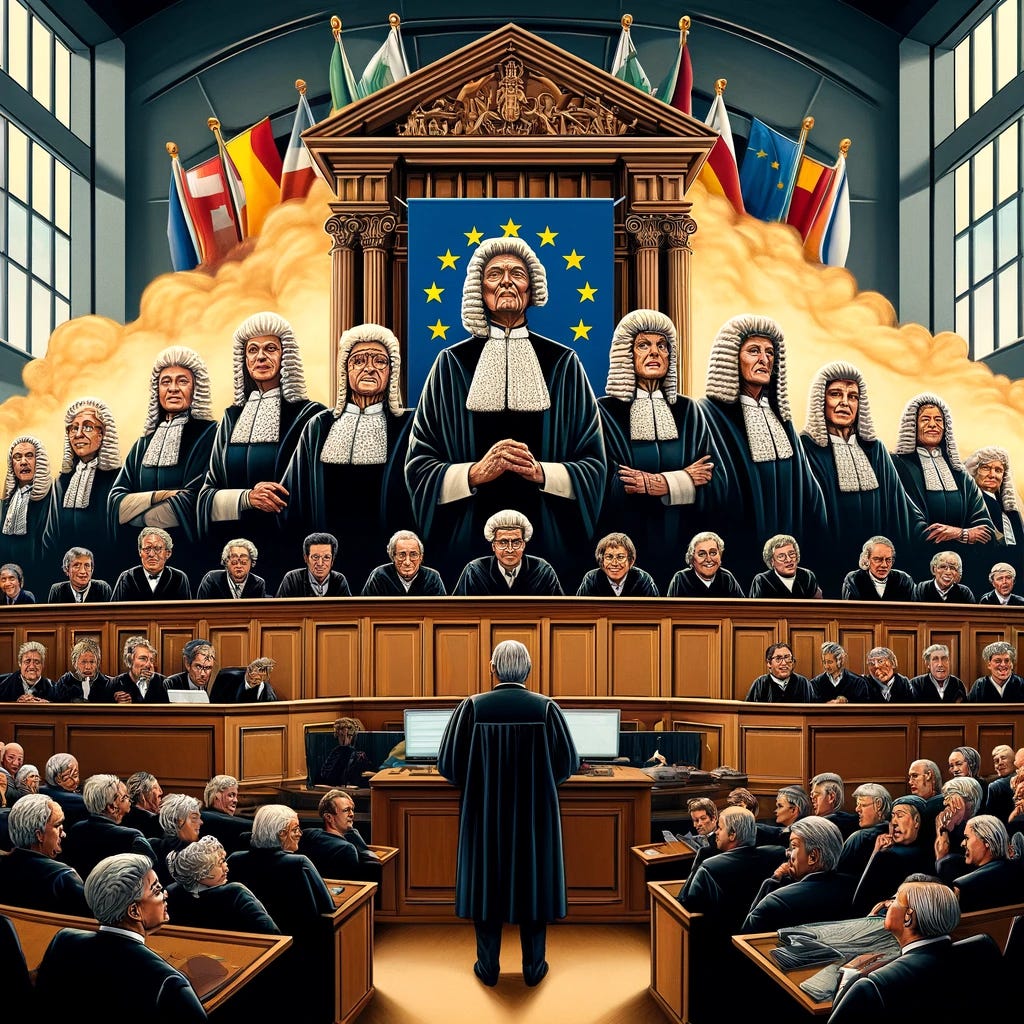 A symbolic illustration representing the European Court of Human Rights making a groundbreaking ruling against Switzerland for failing to combat climate change effectively. The image should feature an imposing courtroom setting with a diverse group of judges wearing traditional robes, symbolically representing various European countries. In the foreground, a group of elderly women, the KlimaSeniorinnen Schweiz, confidently presenting their case. The courtroom should convey a sense of authority and the gravity of the case, with European flags in the background to emphasize the court's broad jurisdiction.