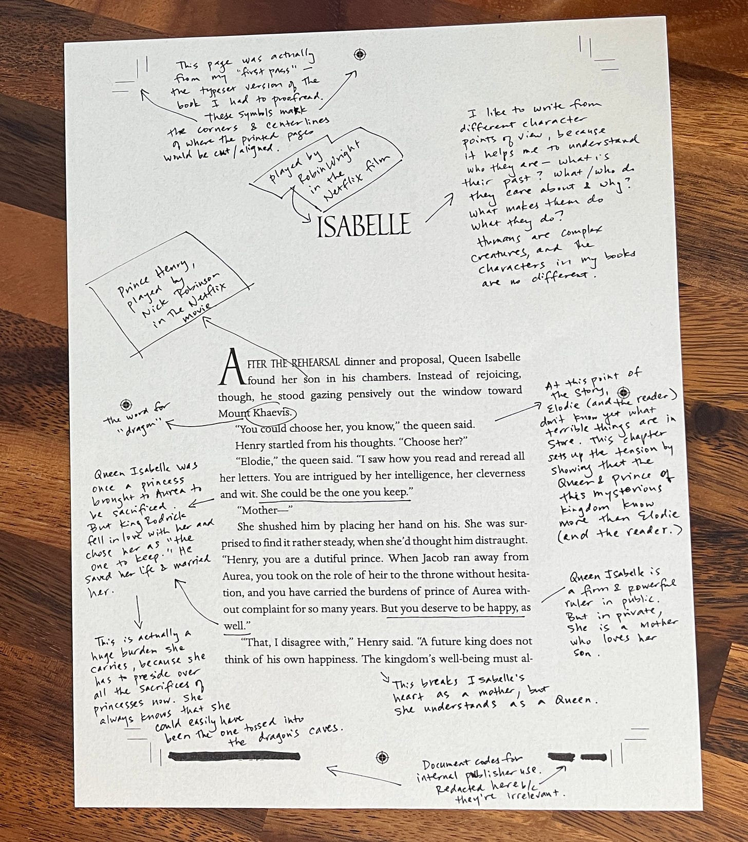 Annotated page from Damsel the novel, with notes from the author