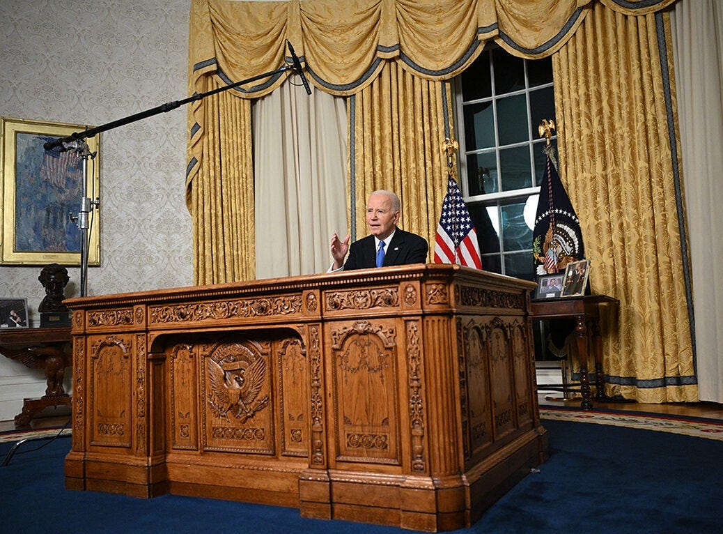 Photo shows Joe Biden delivering his farewell address to the nation from the Oval Office of the White House.
