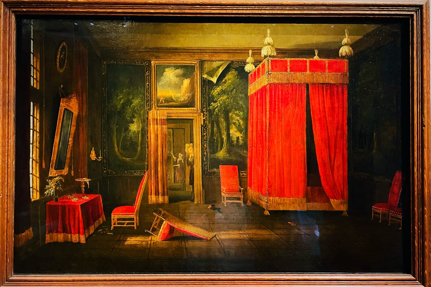 Scene from a bedchamber depicting a room with a curtained bed a knocked over chair and someone peeking in through the open door