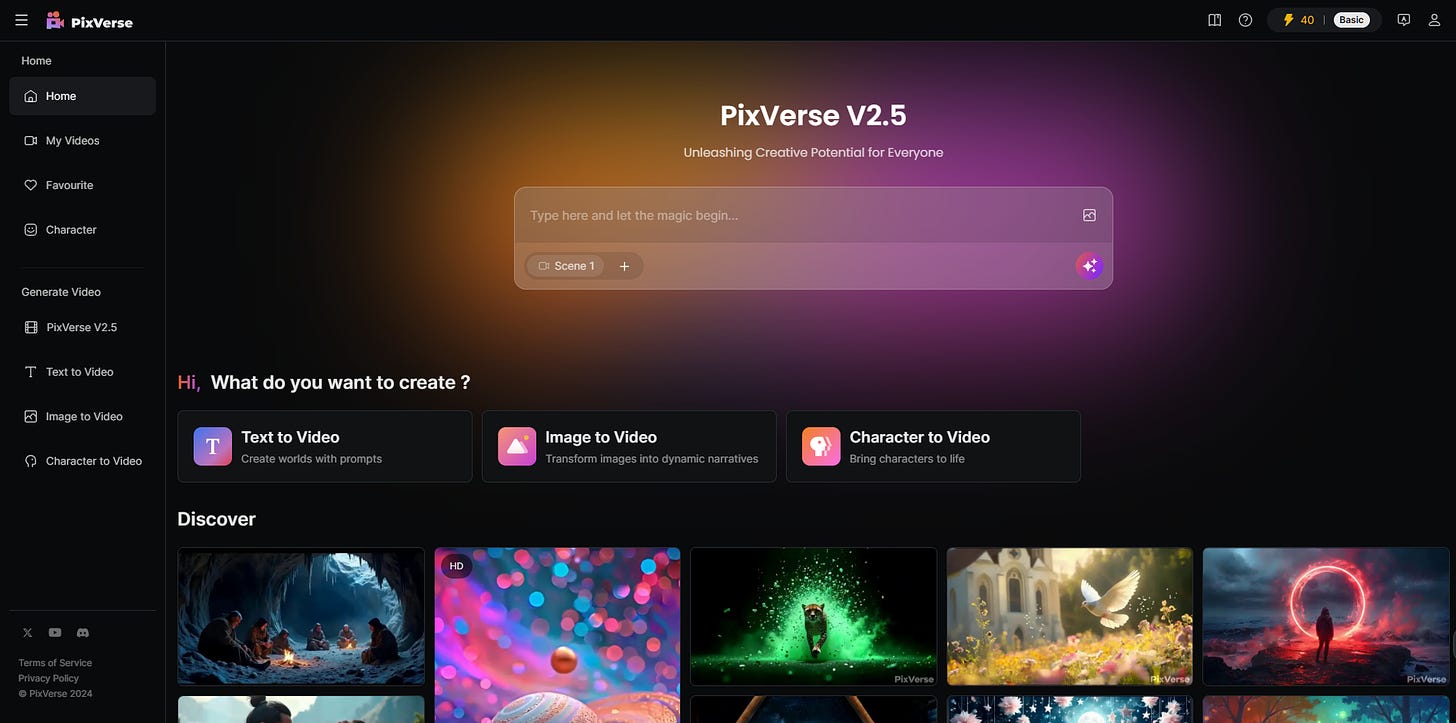 PixVerse front page. AI video tool with image-to-video capabilities.