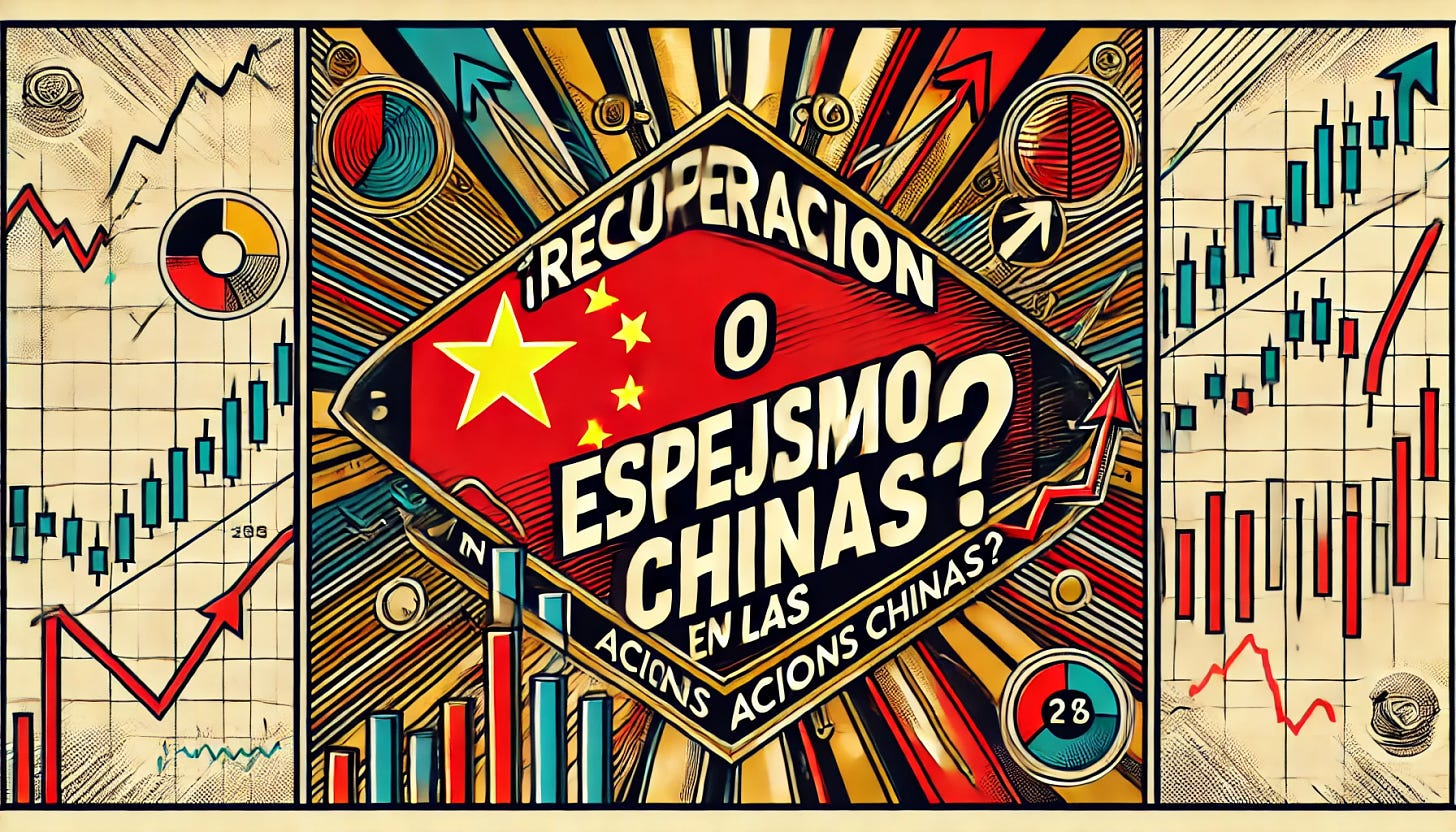 A stylized rectangular image representing '¿Recuperación o espejismo en las acciones chinas?' in a pop-art style. The image should feature symbols of the Chinese stock market, such as the Chinese flag, stock market charts, and arrows. Use dynamic, bold colors like red, gold, and black to represent the tension and uncertainty in the market. Ensure the text '¿Recuperación o espejismo en las acciones chinas?' is clearly written, correctly spelled, and legible. The overall style should reflect the contrast between growth and potential decline, creating a visually engaging image.