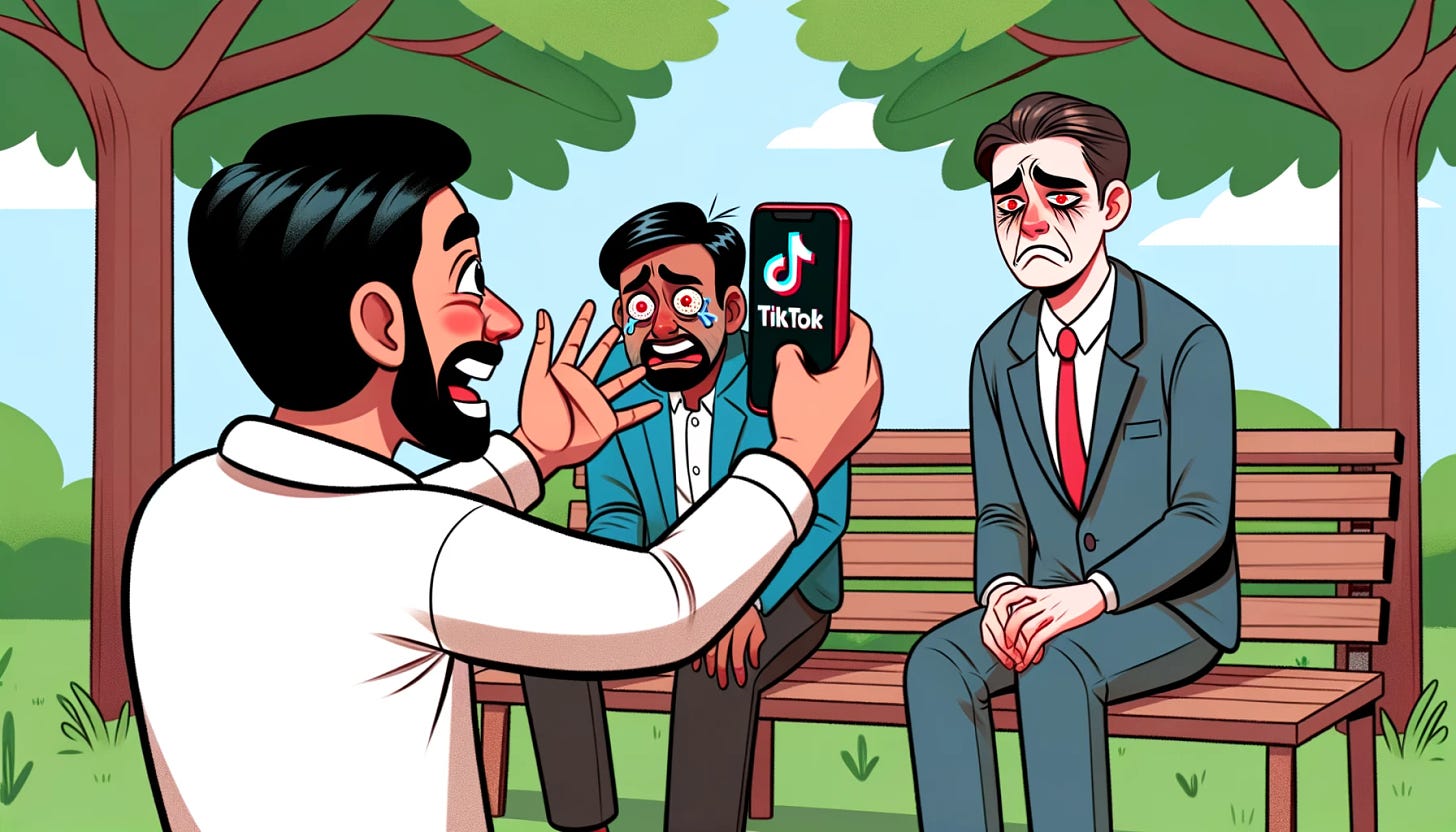 Illustration depicting a scene where a South Asian man is enthusiastically recording a video on TikTok. He captures a European man who looks deeply upset, with red eyes and a forlorn expression. The setting is an outdoor park, with trees and a bench in the background.