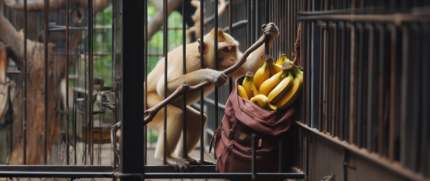 A monkey using a stick to hook bananas out of a rucksack