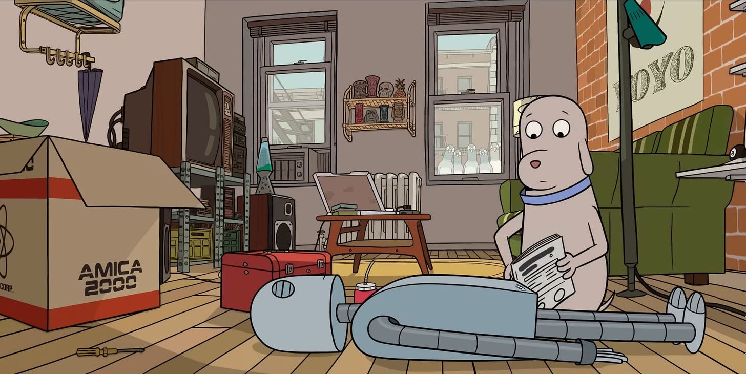 A screenshot from Robot Dreams showing Dog building Robot in his apartment