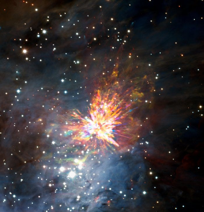 Stellar explosions are most often associated with supernovae, the spectacular deaths of stars. But new ALMA observations of the Orion Nebula complex provide insights into explosions at the other end of the stellar life cycle, star birth. Astronomers captured these dramatic images of the remains of a 500-year-old explosion as they explored the firework-like debris from the birth of a group of massive stars, demonstrating that star formation can be a violent and explosive process too.  The colours in the ALMA data represent the relative Doppler shifting of the millimetre-wavelength light emitted by carbon monoxide gas. The blue colour in the ALMA data represents gas approaching at the highest speeds; the red colour is from gas moving toward us more slowly.  The background image includes optical and near-infrared imaging from both the Gemini South and ESO Very Large Telescope. The famous Trapezium Cluster of hot young stars appears towards the bottom of this image. The ALMA data do not cover the full image shown here.